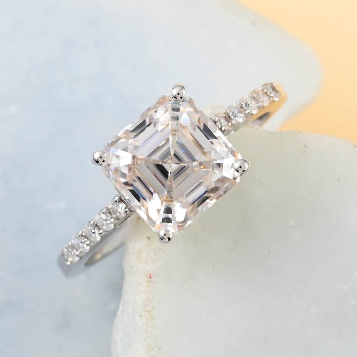Asscher Cut White Moissanite VS-EF Ring in Sterling Silver (Size 5.0) 2.65 ctw image number 1
