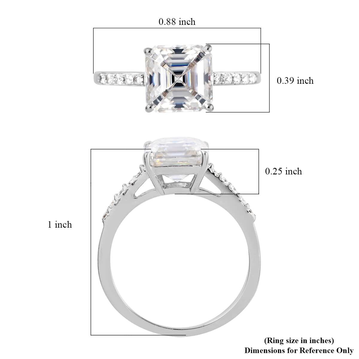 Asscher Cut White Moissanite VS-EF Ring in Sterling Silver (Size 5.0) 2.65 ctw image number 4