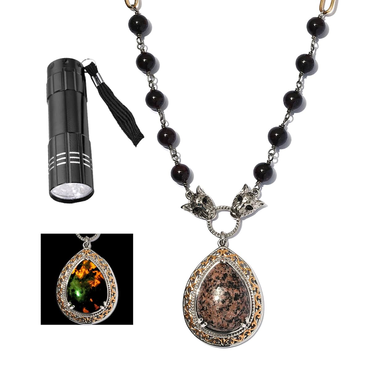 Natural Yooperlite and Multi Gemstone Necklace 20 Inches in 14K YG Over and Black Oxidized Cooper with Magnet 14.90 Grams 30.95 ctw with Free UV Flash Light image number 0