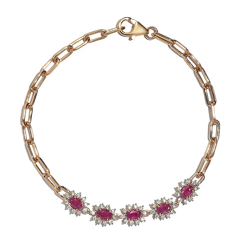 Premium Mozambique Ruby and Moissanite Paper Clip Chain Bracelet in Vermeil Yellow Gold Over Sterling Silver (7.25 In) 2.10 ctw