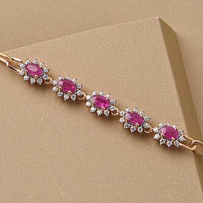 Premium Mozambique Ruby and Moissanite Paper Clip Chain Bracelet in Vermeil Yellow Gold Over Sterling Silver (7.25 In) 2.10 ctw