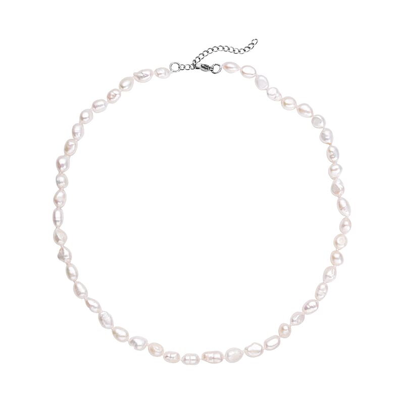 Double Shine White Freshwater Pearl 6-8mm Necklace (18 Inches) in Stainless Steel , Tarnish-Free, Waterproof, Sweat Proof Jewelry