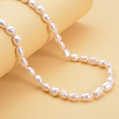 Double Shine White Freshwater Pearl 6-8mm Necklace (18 Inches) in Stainless Steel , Tarnish-Free, Waterproof, Sweat Proof Jewelry