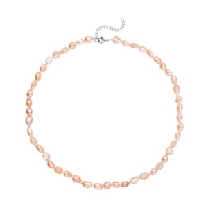 Double Shine Peach Freshwater Pearl 6-8mm Necklace (18 Inches) in Stainless Steel , Tarnish-Free, Waterproof, Sweat Proof Jewelry