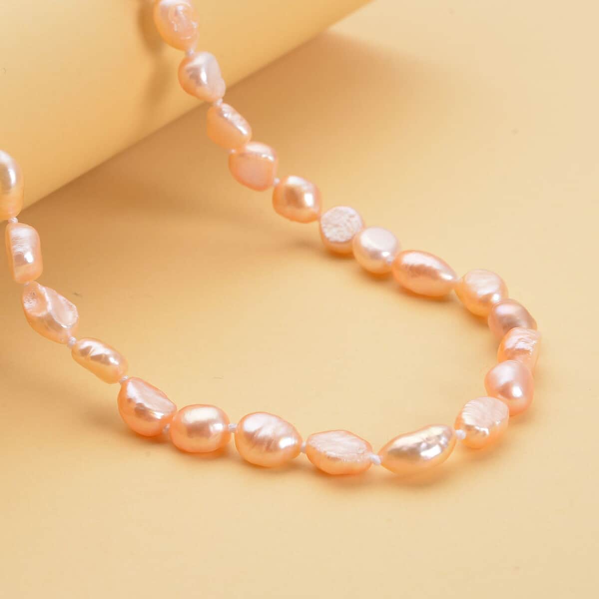 Double Shine Peach Freshwater Pearl 6-8mm Necklace (18 Inches) in Stainless Steel , Tarnish-Free, Waterproof, Sweat Proof Jewelry image number 1