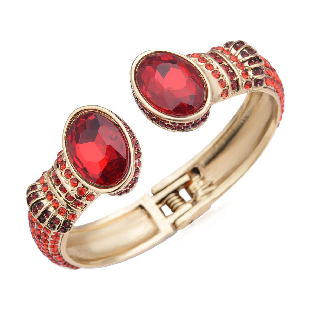 Simulated Ruby and Red Austrian Crystal Openable Bangle Bracelet in Goldtone (7.0 in) image number 0