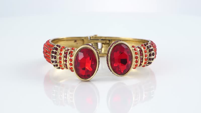 Simulated Ruby and Red Austrian Crystal Openable Bangle Bracelet in Goldtone (7.0 in)