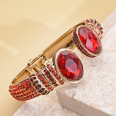 Simulated Ruby and Red Austrian Crystal Openable Bangle Bracelet in Goldtone (7.0 in)