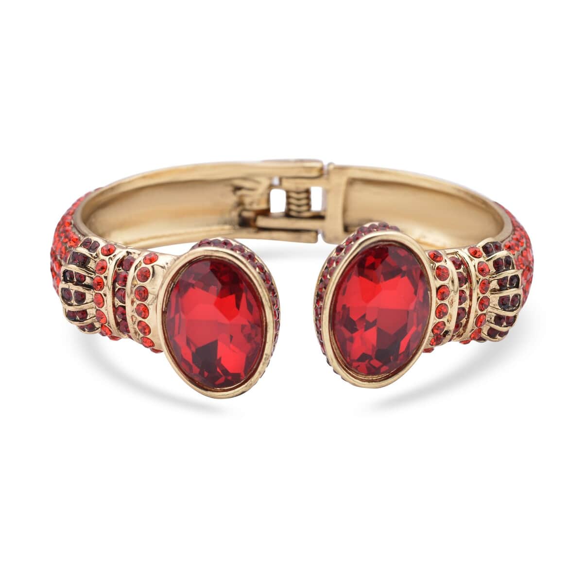 Simulated Ruby and Red Austrian Crystal Openable Bangle Bracelet in Goldtone (7.0 in) image number 3