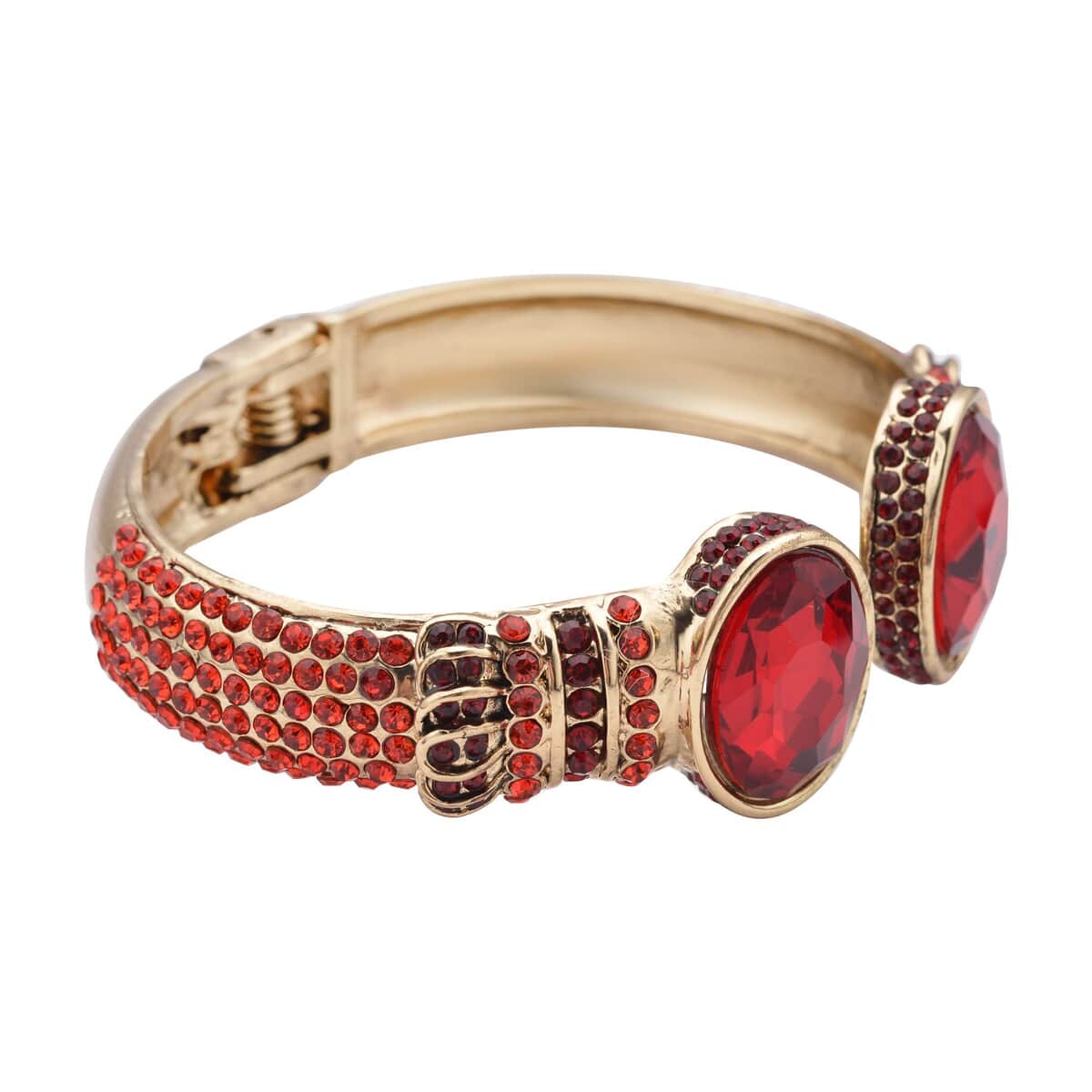 Simulated Ruby and Red Austrian Crystal Openable Bangle Bracelet in Goldtone (7.0 in) image number 4