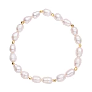 White Freshwater Pearl Stretch Bracelet in Goldtone