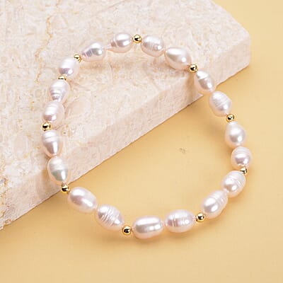 White Freshwater Pearl Stretch Bracelet in Goldtone