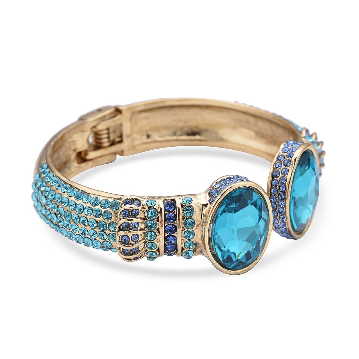 Simulated Aquamarine and Blue Austrian Crystal Openable Bangle Bracelet in Goldtone (7.0 in) image number 4