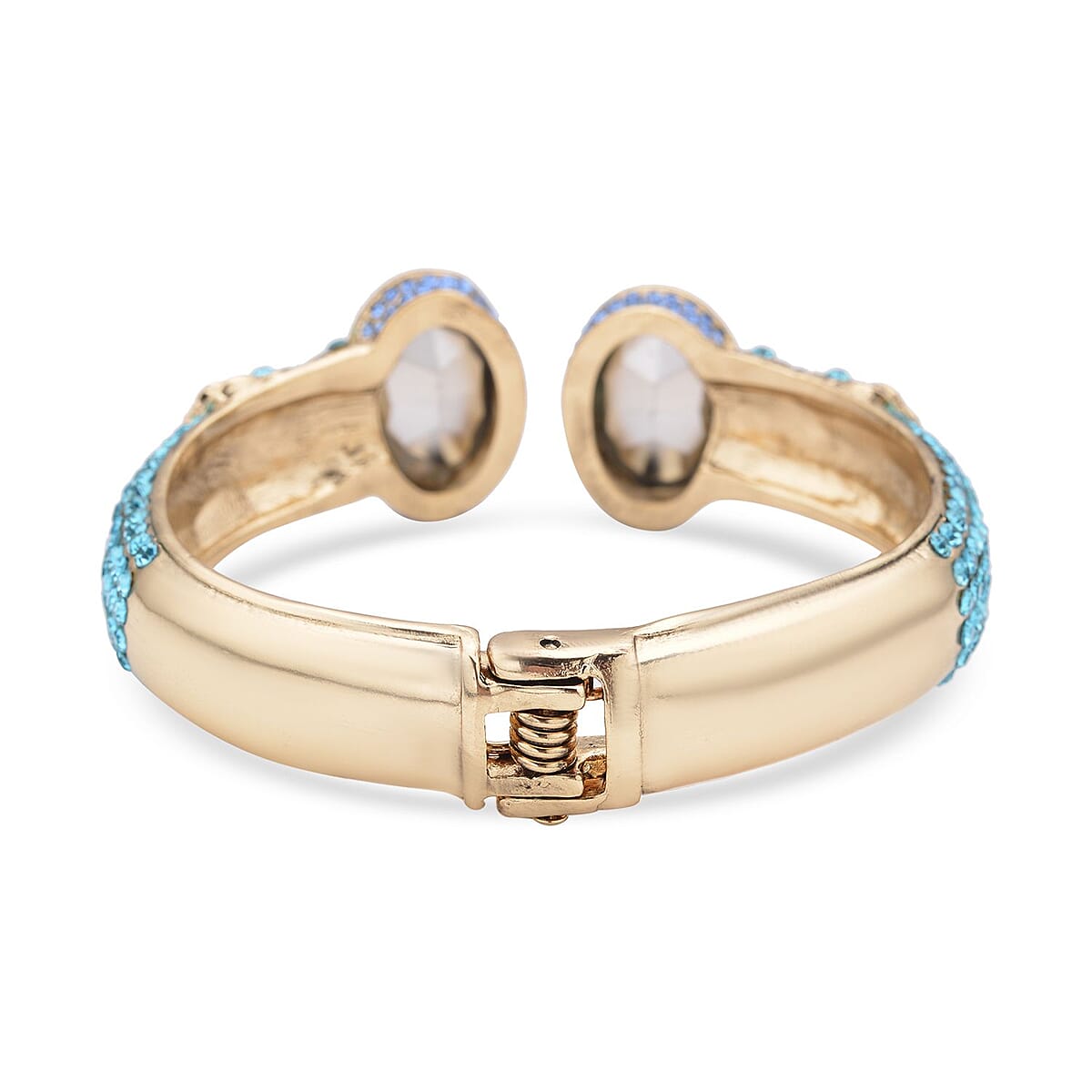 Simulated Aquamarine and Blue Austrian Crystal Openable Bangle Bracelet in Goldtone (7.0 in) image number 5