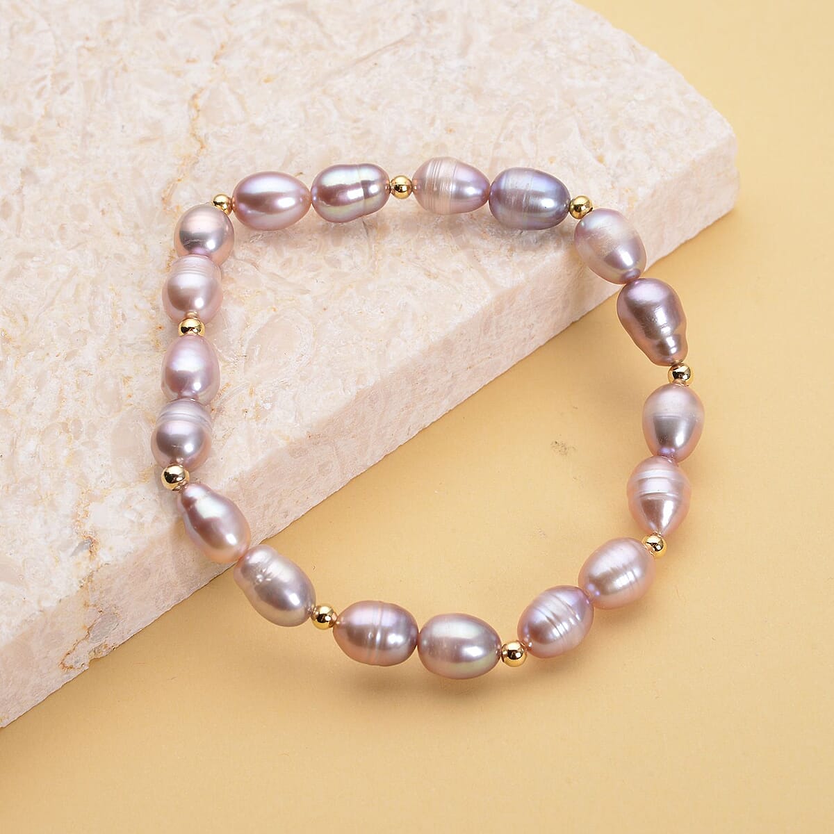 Purple Freshwater Pearl Stretch Bracelet in Goldtone image number 1