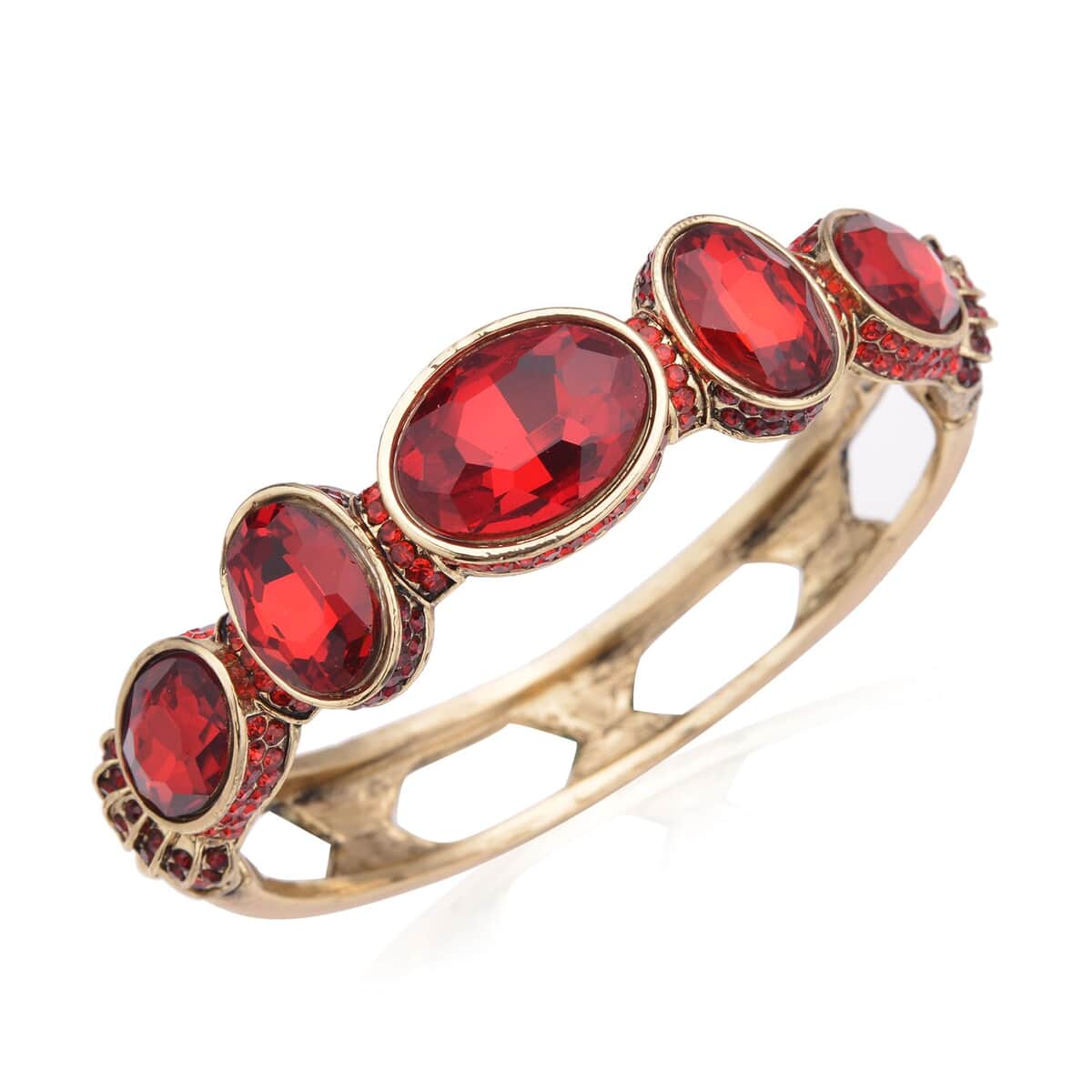 Simulated Ruby and Red Shaded Austrian Crystal Bangle Bracelet in Goldtone (7.0 in) image number 0