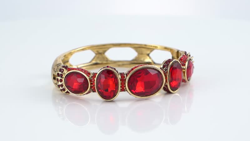 Simulated Ruby and Red Shaded Austrian Crystal Bangle Bracelet in Goldtone (7.0 in)