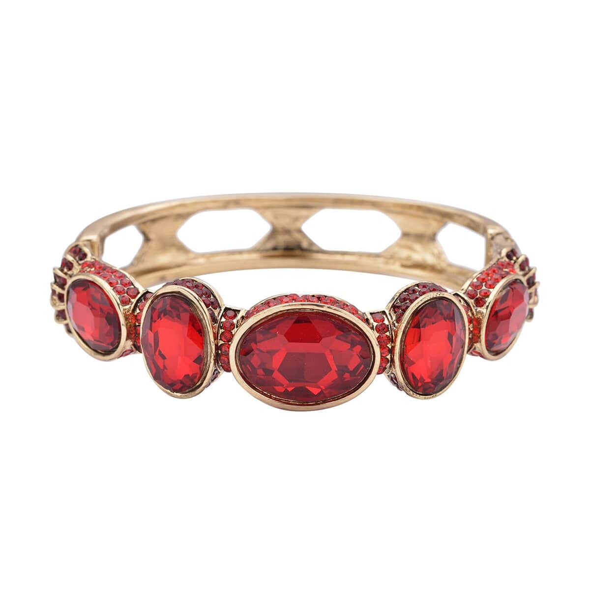 Simulated Ruby and Red Shaded Austrian Crystal Bangle Bracelet in Goldtone (7.0 in) image number 3