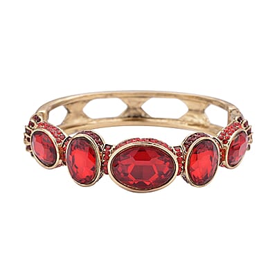 Simulated Ruby and Red Shaded Austrian Crystal Bangle Bracelet in Goldtone (7.0 in)