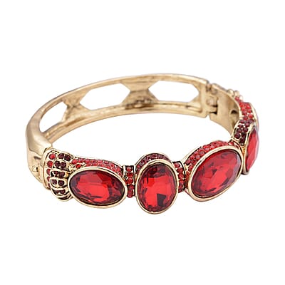 Simulated Ruby and Red Shaded Austrian Crystal Bangle Bracelet in Goldtone (7.0 in)
