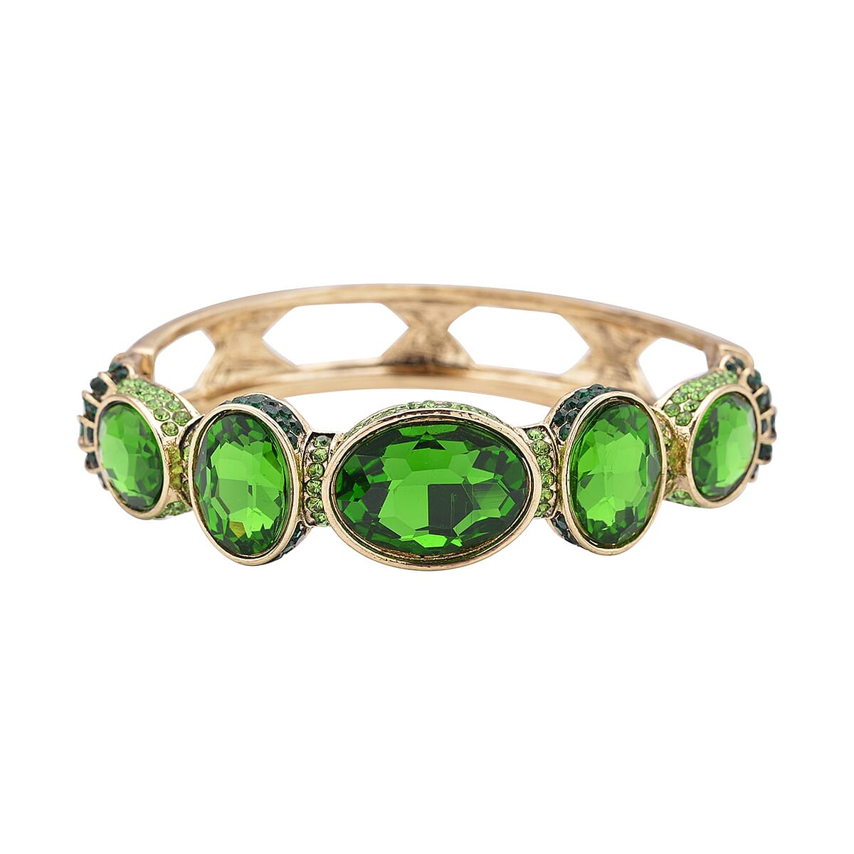 Simulated Emerald and Green Shaded Austrian Crystal Bangle Bracelet in Goldtone (7.0 in) image number 3