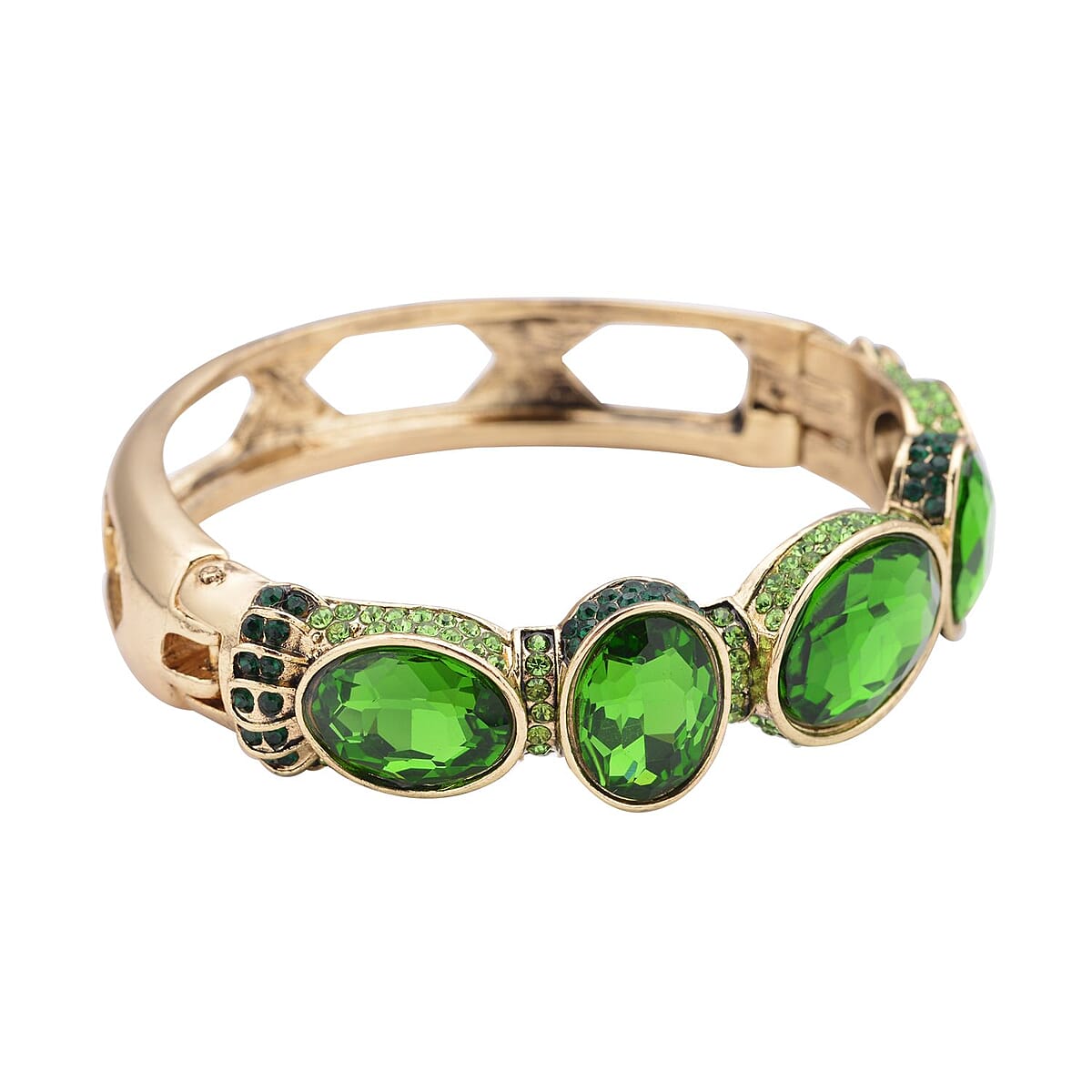 Simulated Emerald and Green Shaded Austrian Crystal Bangle Bracelet in Goldtone (7.0 in) image number 4