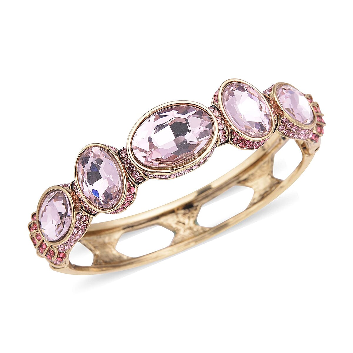 Simulated Pink Sapphire and Pink Shaded Austrian Crystal Bangle Bracelet in Goldtone (7.0 in) image number 0