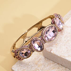 Simulated Pink Sapphire and Pink Shaded Austrian Crystal Bangle Bracelet in Goldtone (7.0 in)