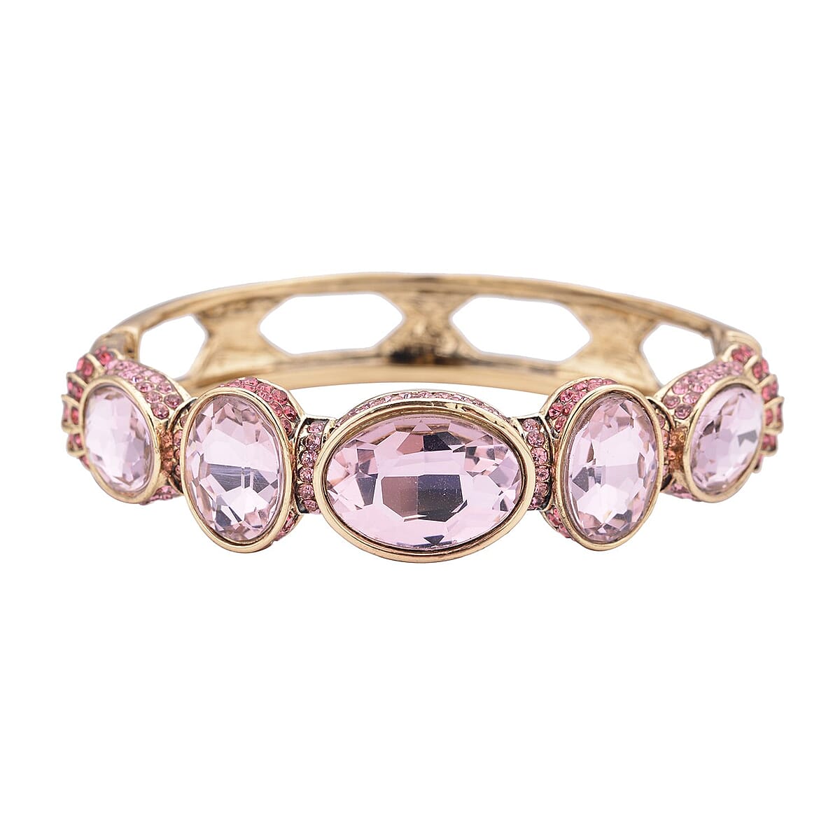 Simulated Pink Sapphire and Pink Shaded Austrian Crystal Bangle Bracelet in Goldtone (7.0 in) image number 3