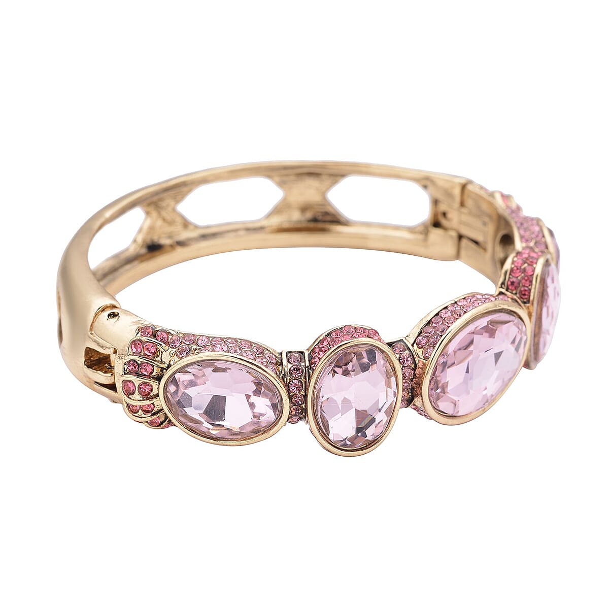 Simulated Pink Sapphire and Pink Shaded Austrian Crystal Bangle Bracelet in Goldtone (7.0 in) image number 4