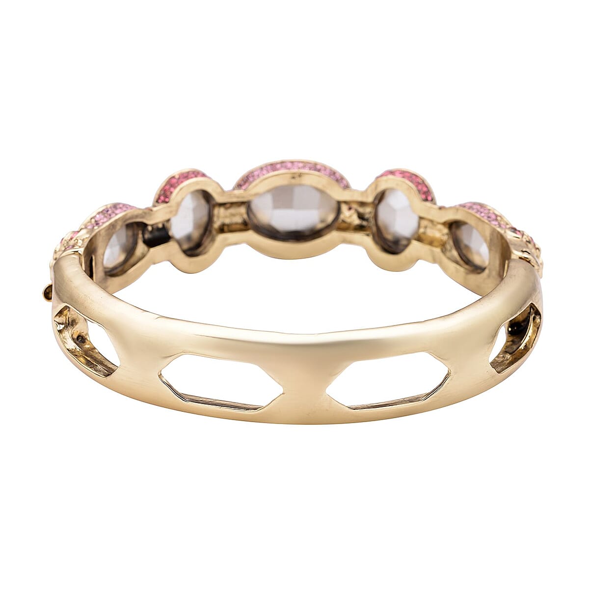 Simulated Pink Sapphire and Pink Shaded Austrian Crystal Bangle Bracelet in Goldtone (7.0 in) image number 5
