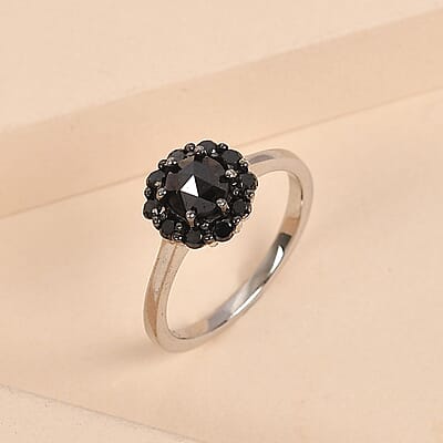 Rose Cut Black Diamond Ring in Rhodium and Platinum Over Sterling Silver (Size 10.0) 1.00 ctw