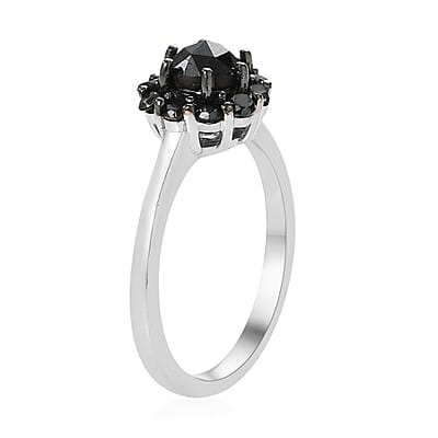 Rose Cut Black Diamond Ring in Rhodium and Platinum Over Sterling Silver (Size 10.0) 1.00 ctw
