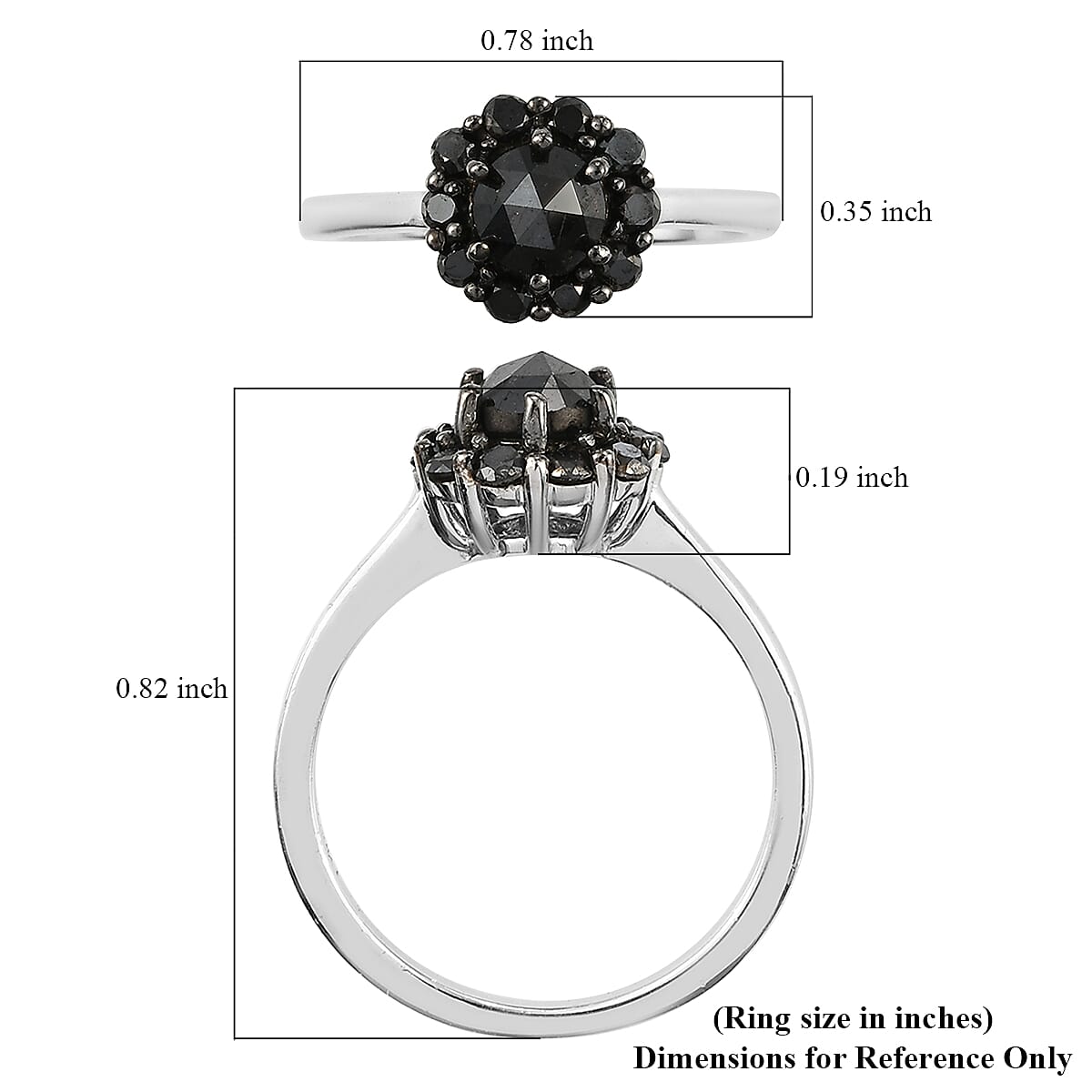Rose Cut Black Diamond Ring in Rhodium and Platinum Over Sterling Silver (Size 10.0) 1.00 ctw