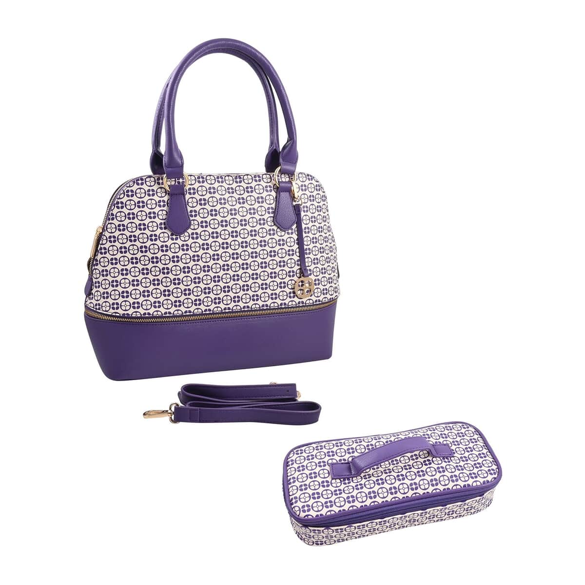 IMAN Closeout Purple Signature Logo Print Satchel with 7 Inch Handle and Removable Cosmetic Case image number 0