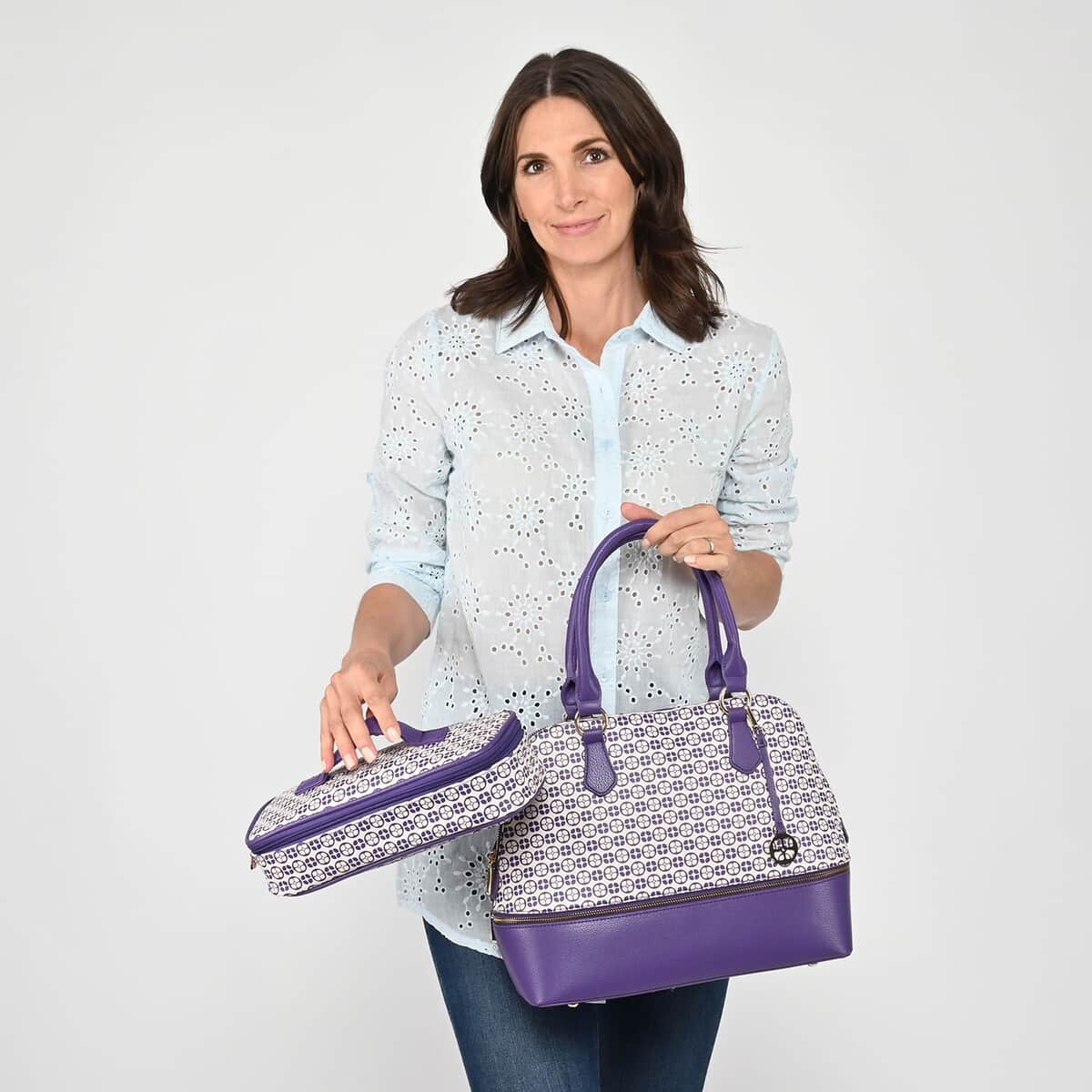 IMAN Closeout Purple Signature Logo Print Satchel with 7 Inch Handle and Removable Cosmetic Case image number 1