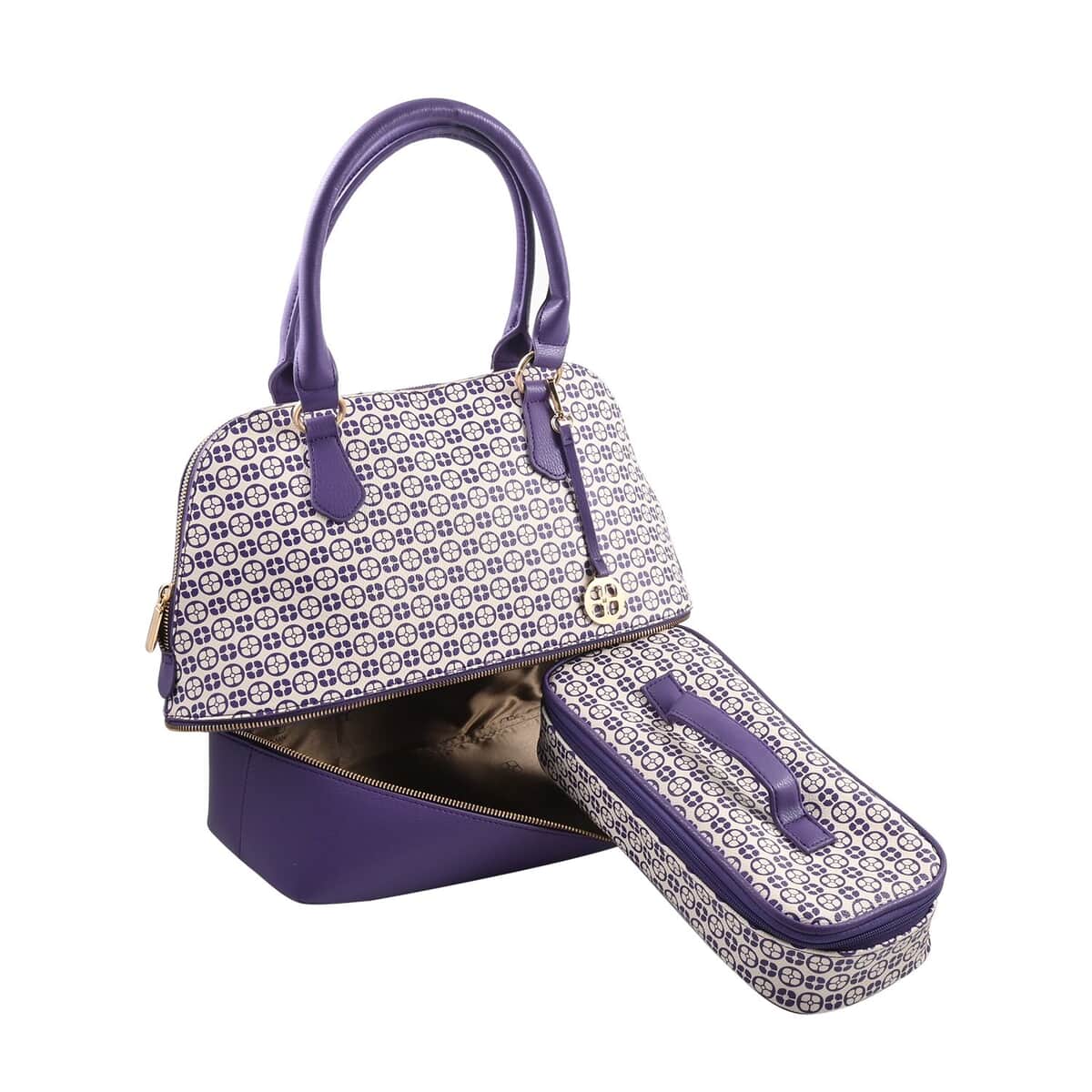 IMAN Closeout Purple Signature Logo Print Satchel (5.25x13.25x11") with 7" Handle and Removable Cosmetic Case (4.75x11x1.5") image number 2