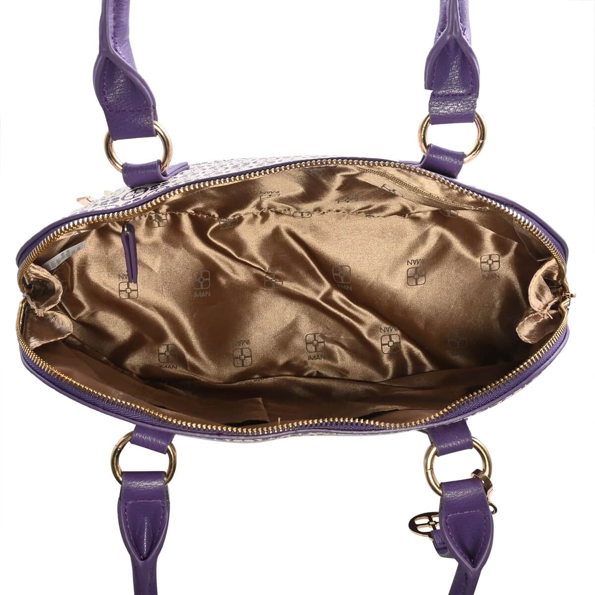 IMAN Closeout Purple Signature Logo Print Satchel (5.25x13.25x11") with 7" Handle and Removable Cosmetic Case (4.75x11x1.5") image number 4