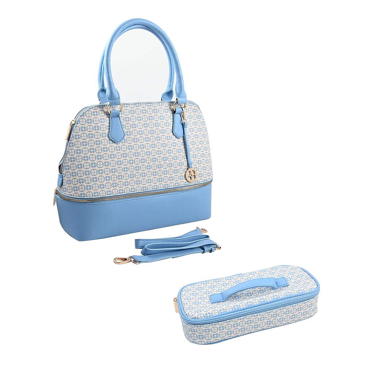 IMAN Closeout Blue Signature Logo Print Satchel with 7 Inch Handle and Removable Cosmetic Case image number 0