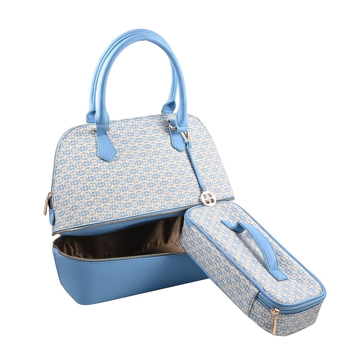 IMAN Closeout Blue Signature Logo Print Satchel with 7 Inch Handle and Removable Cosmetic Case image number 2