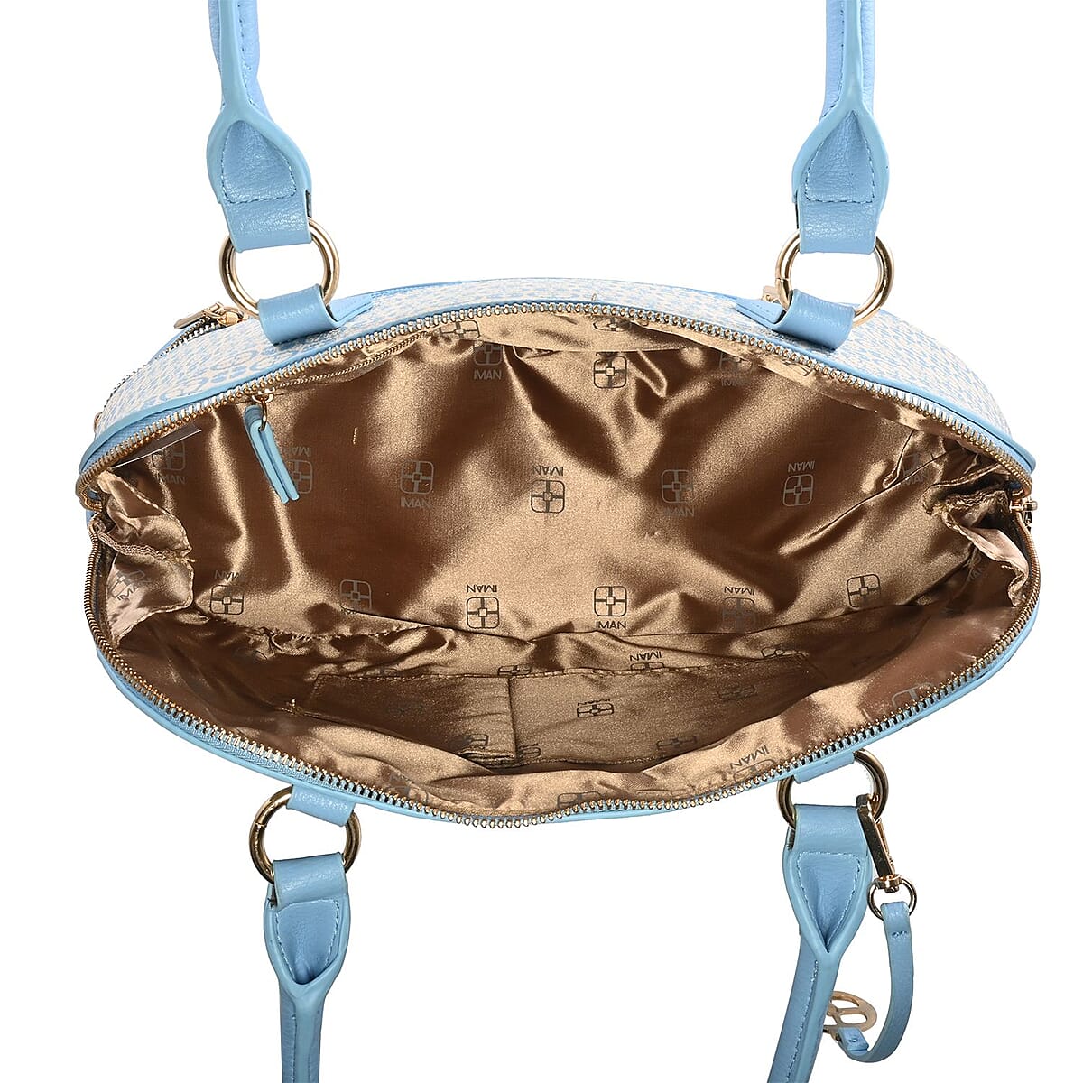 IMAN Closeout Blue Signature Logo Print Satchel with 7 Inch Handle and Removable Cosmetic Case image number 4