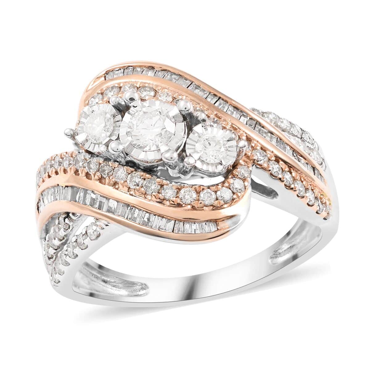NY Closeout 10K White and Rose Gold G-H I2 Diamond Bypass Twist Ring (Size 7.0) 5.30 Grams 1.00 ctw image number 0