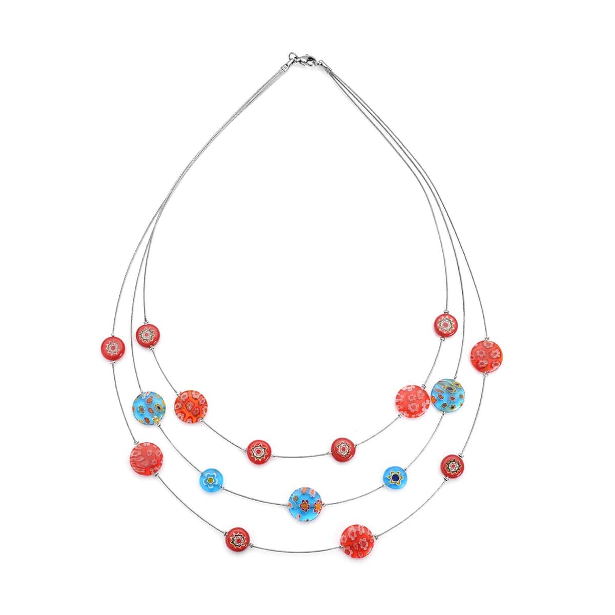 Blue and Red Murano Style Layered Necklace 18-20 Inches in Stainless Steel 56.00 ctw image number 0