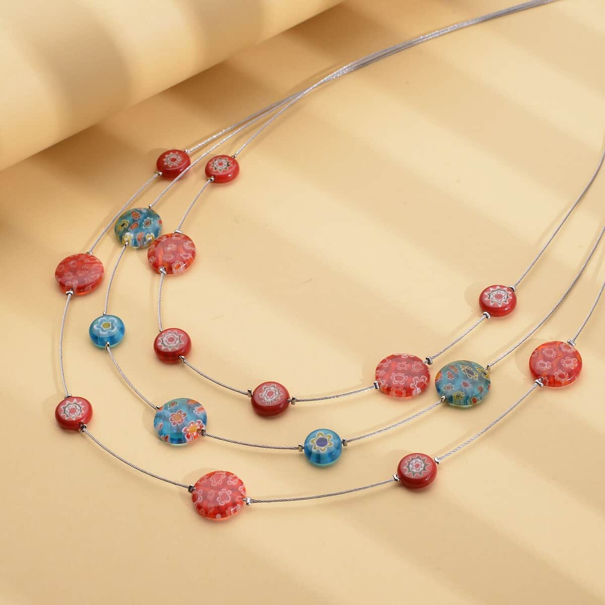 Blue and Red Murano Style Layered Necklace 18-20 Inches in Stainless Steel 56.00 ctw image number 1