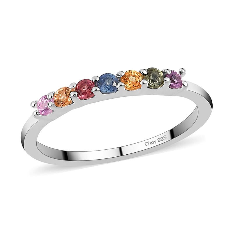 Multi Sapphire 7 Stone Band Ring in Sterling Silver (Size 6.0) 0.35 ctw