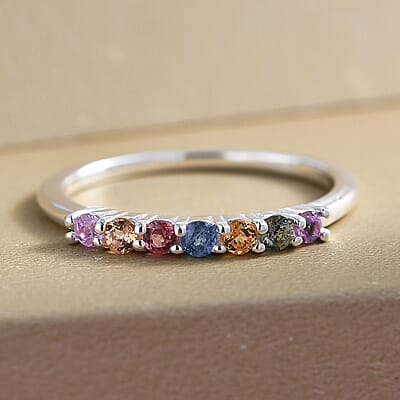 Multi Sapphire 7 Stone Band Ring in Sterling Silver (Size 6.0) 0.35 ctw