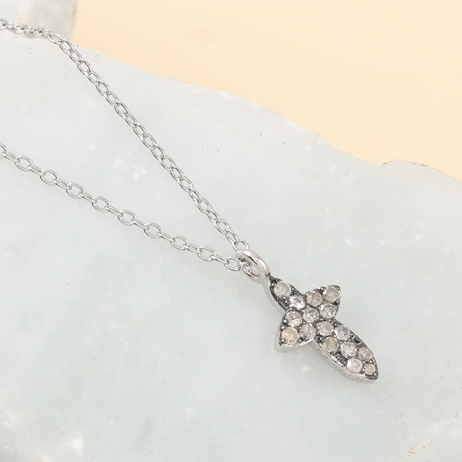 Brown Diamond Cross Necklace 18 Inches in Rhodium and Sterling Silver 0.15 ctw