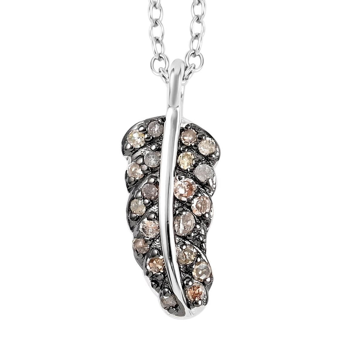 Brown Diamond Feather Necklace 18 Inches in Rhodium and Sterling Silver 0.15 ctw
