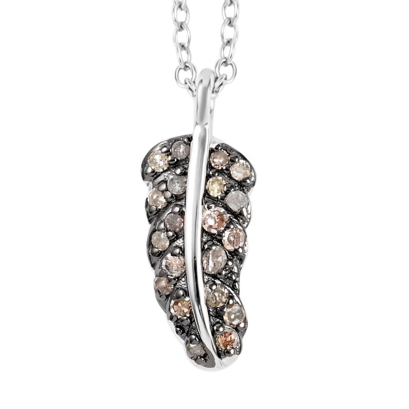 Brown Diamond Feather Necklace 18 Inches in Rhodium and Sterling Silver 0.15 ctw