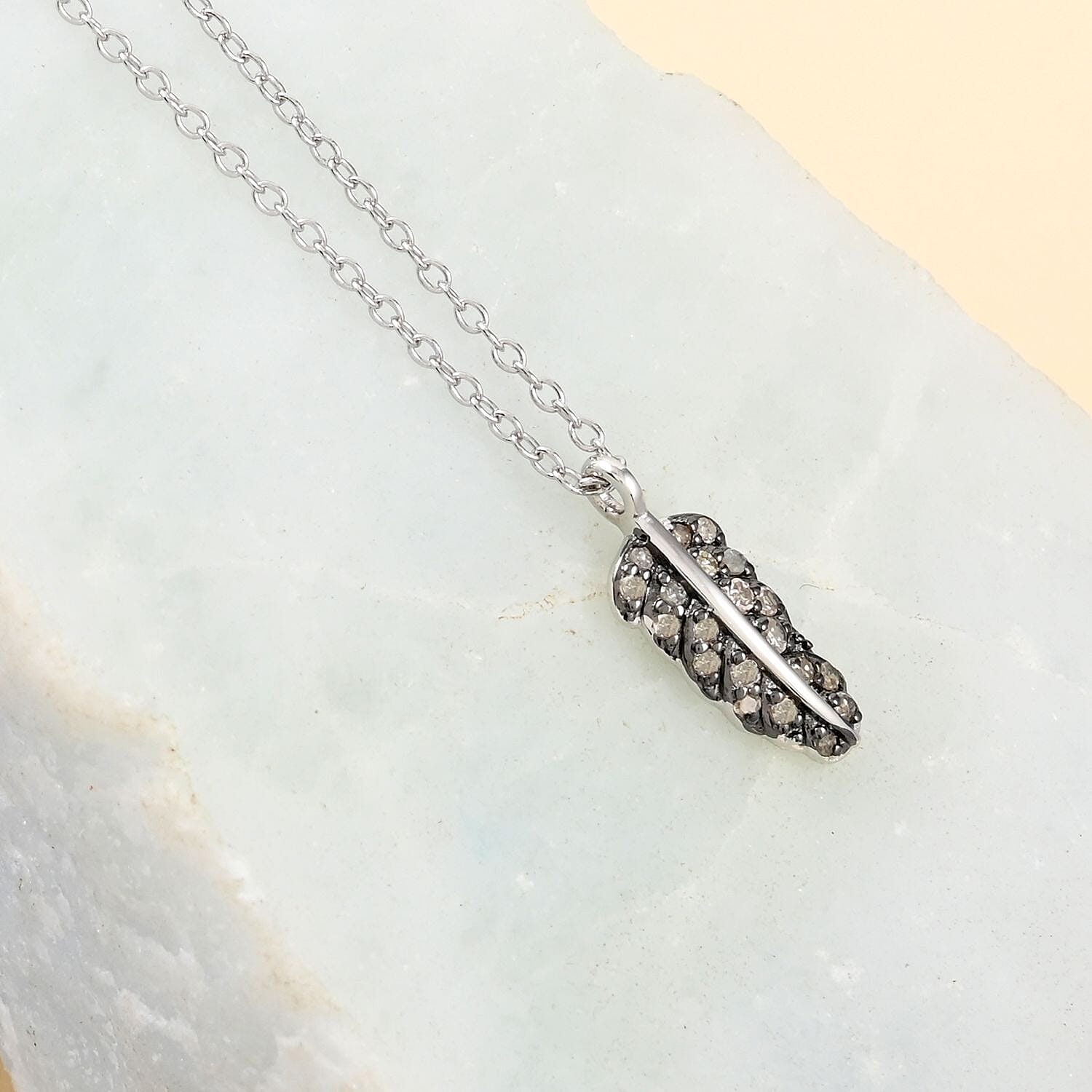 Brown Diamond Feather Necklace 18 Inches in Rhodium and Sterling Silver 0.15 ctw